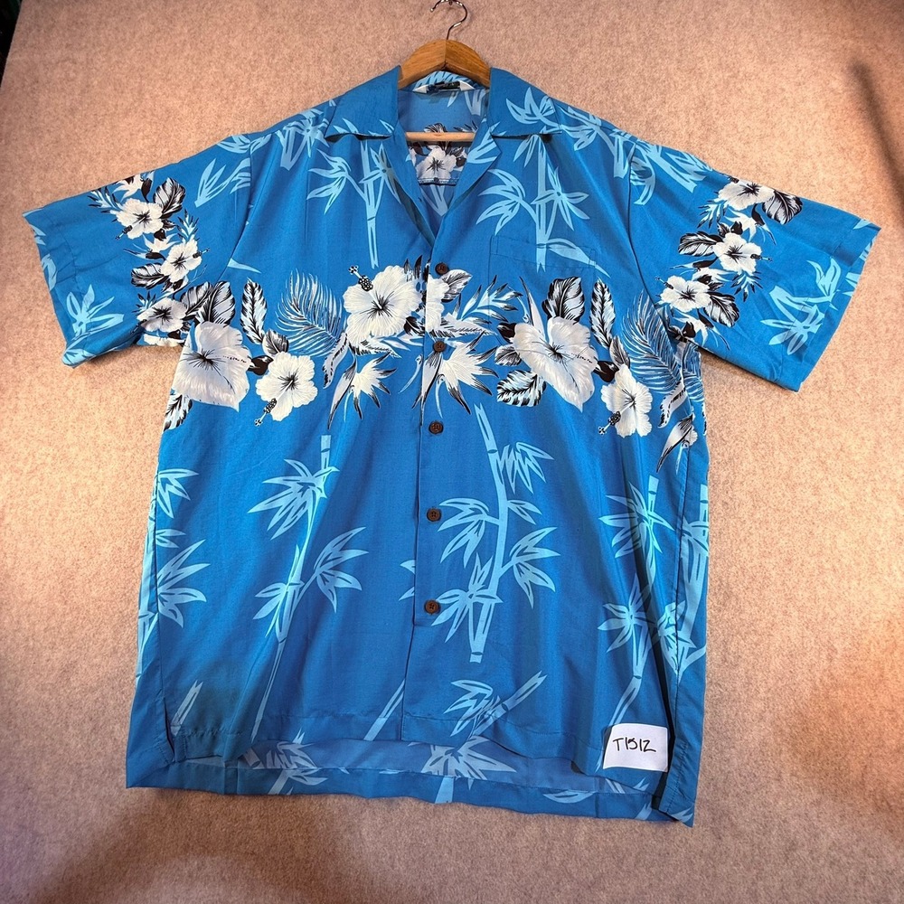 Alvish Mens Blue Hawaiian Shirt Floral Hibiscus Bamboo Tropical Camp Button Up L